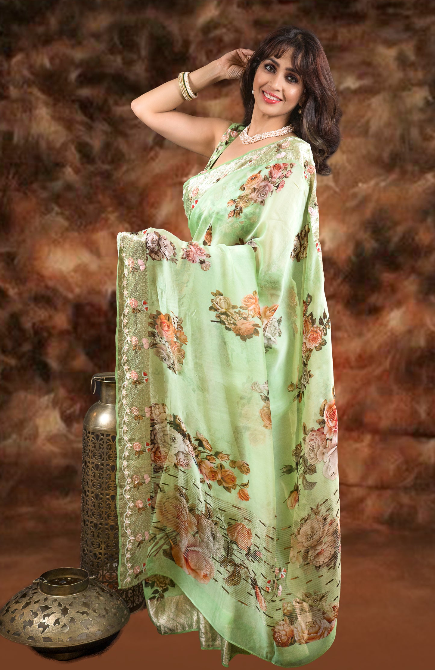 Smoke Green Organza Saree