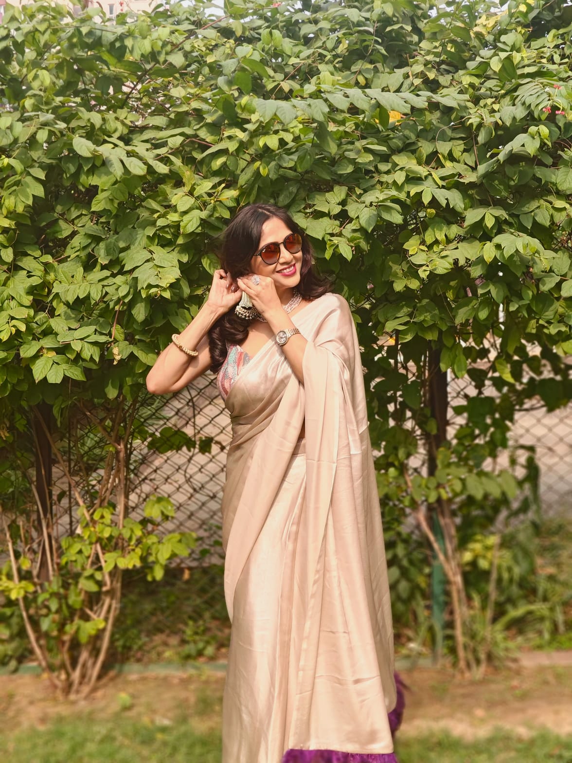 Georgette Silver Shimmer Stitched Saree with Designer Blouse