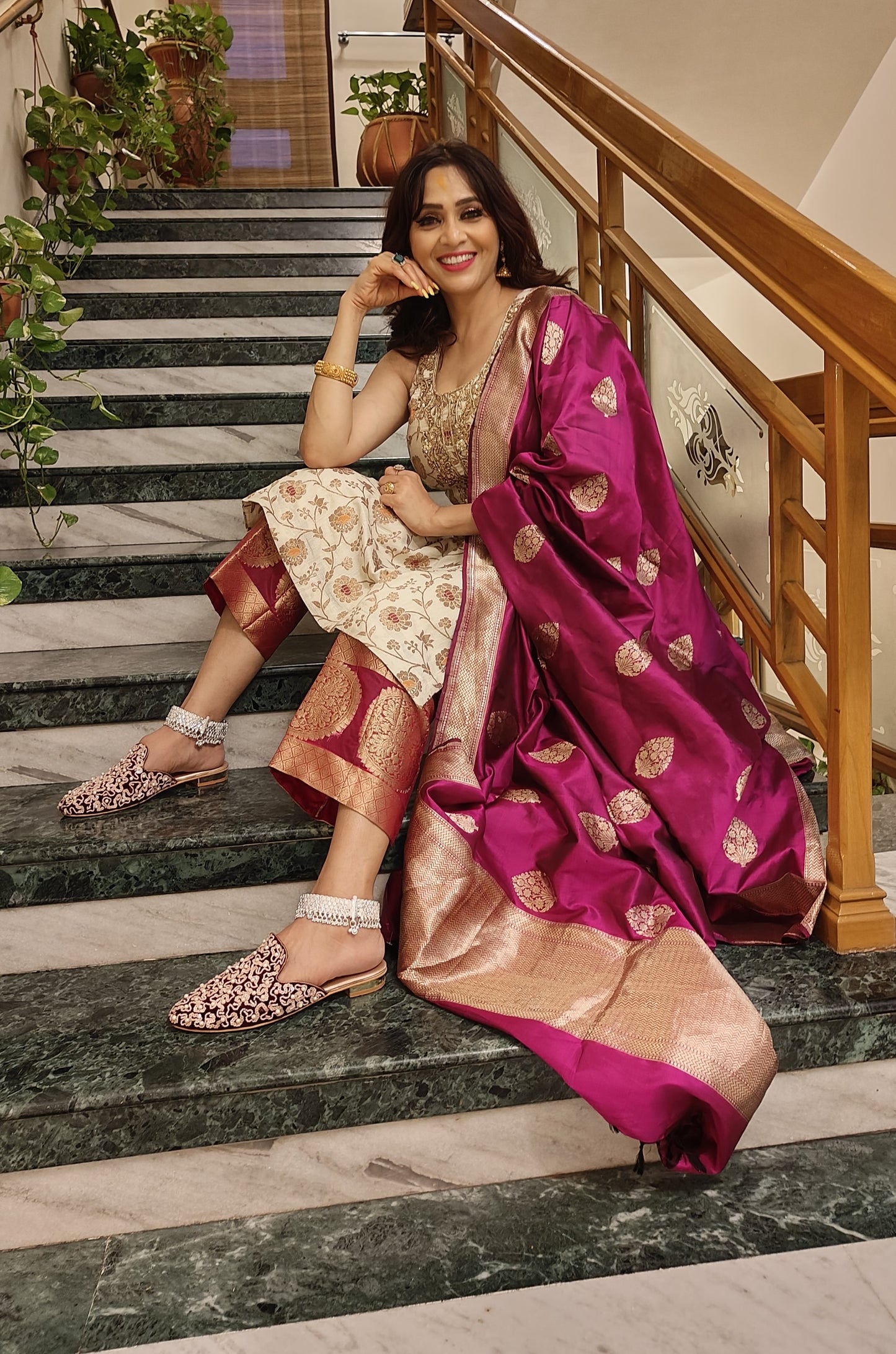 Monga Silk Kurta with Organza Pants(Dupatta Not Included)