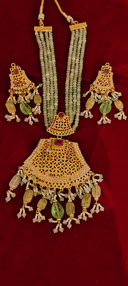 Jadau Neckpiece with Earrings in Sea Green Colour