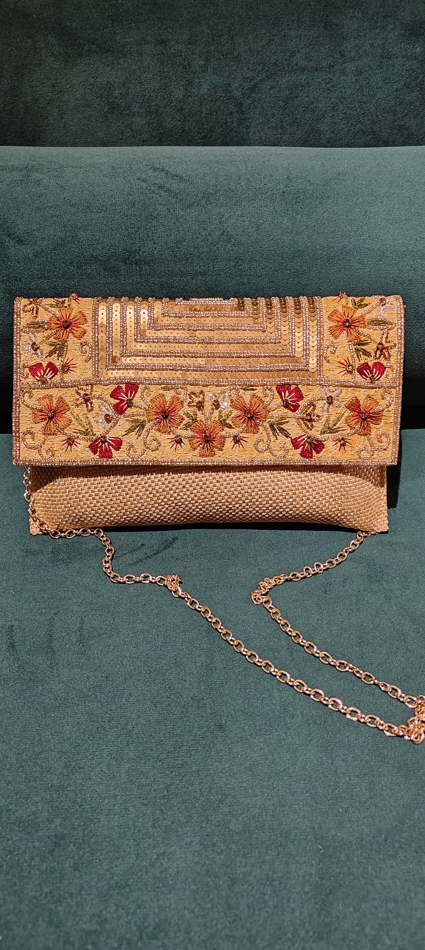 White Jute Clutch with Beads & Sequin Flower Work