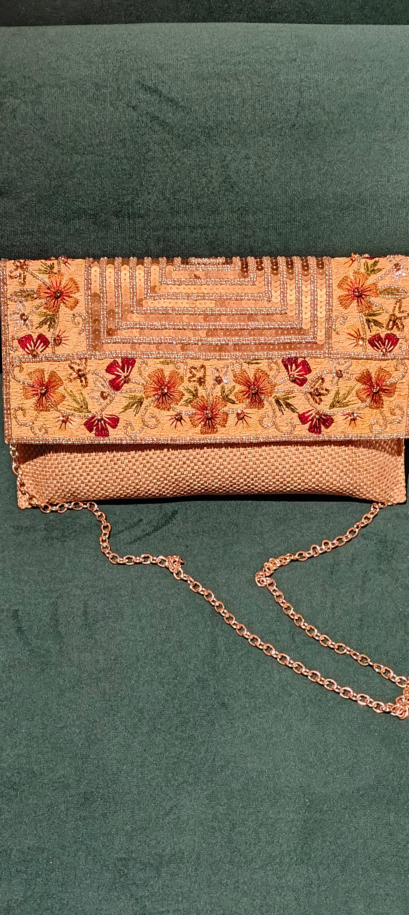 White Jute Clutch with Beads & Sequin Flower Work