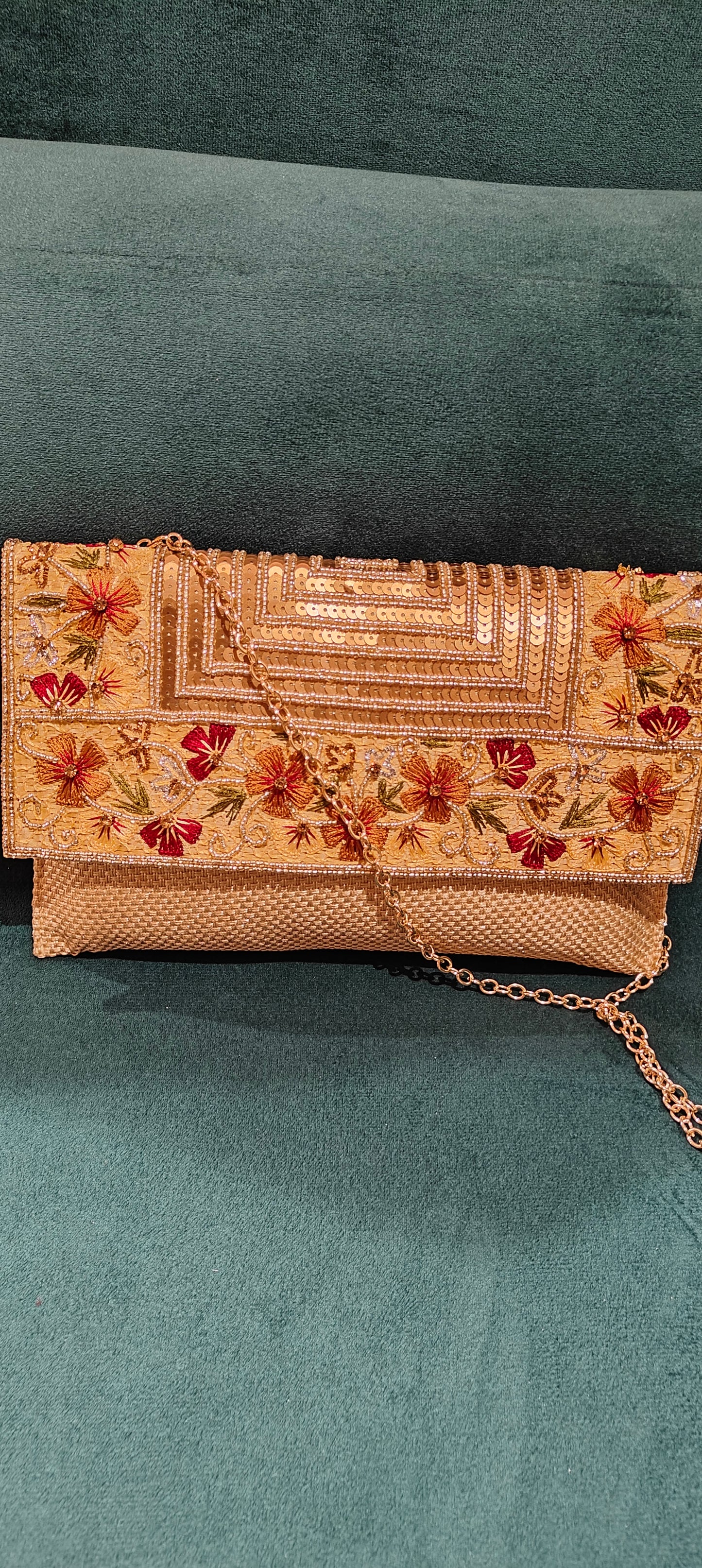 White Jute Clutch with Beads & Sequin Flower Work