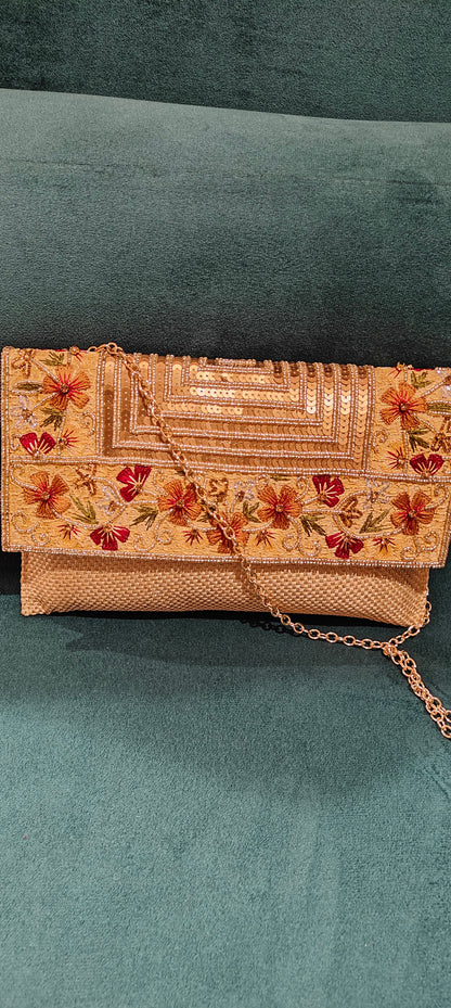 White Jute Clutch with Beads & Sequin Flower Work