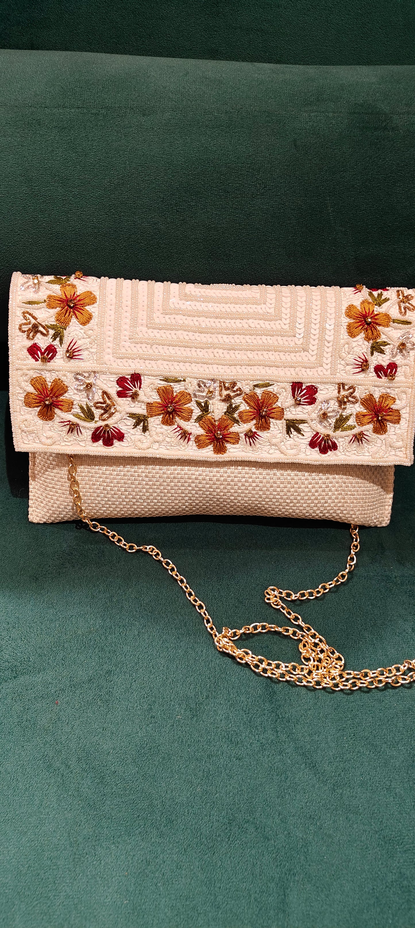 White Jute Clutch with Beads & Sequin Flower Work