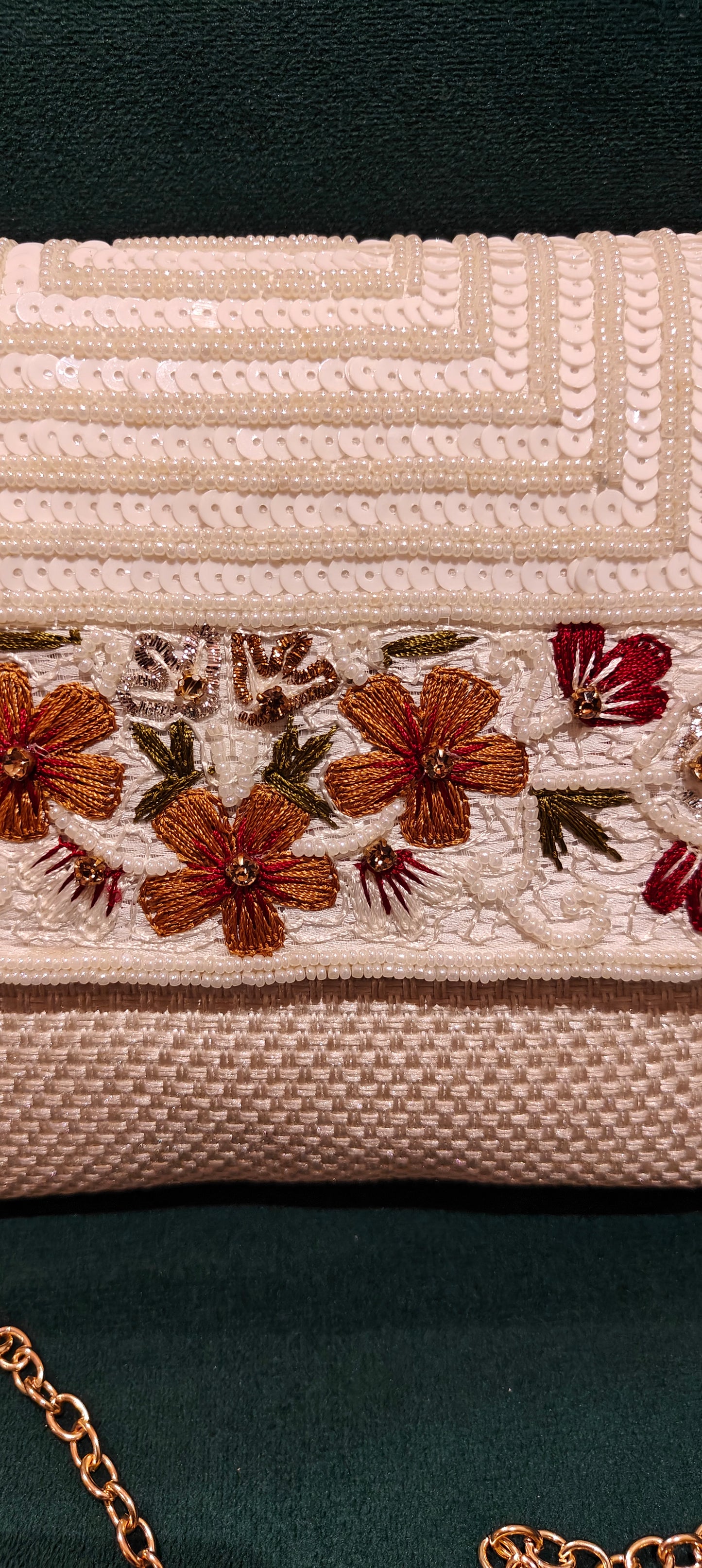 White Jute Clutch with Beads & Sequin Flower Work