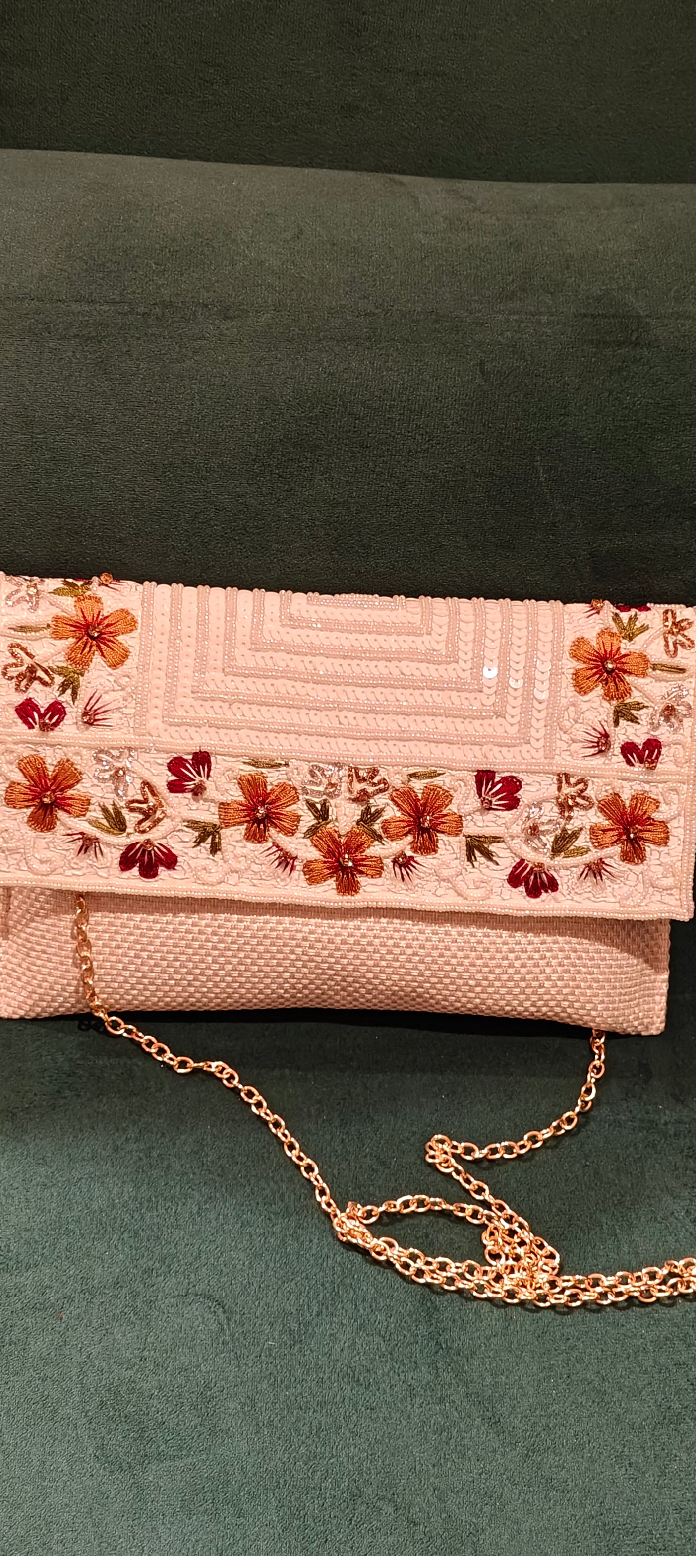 White Jute Clutch with Beads & Sequin Flower Work