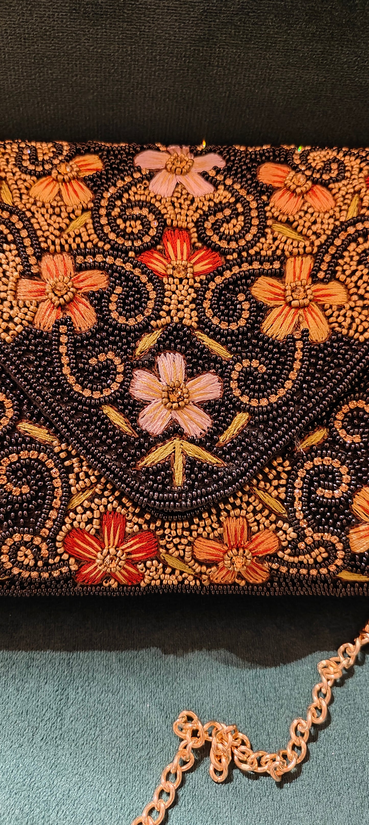 Black Jute Clutch with Multicolored Beads Flowers