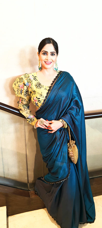 Yale Blue Saree with Olive Green Blouse