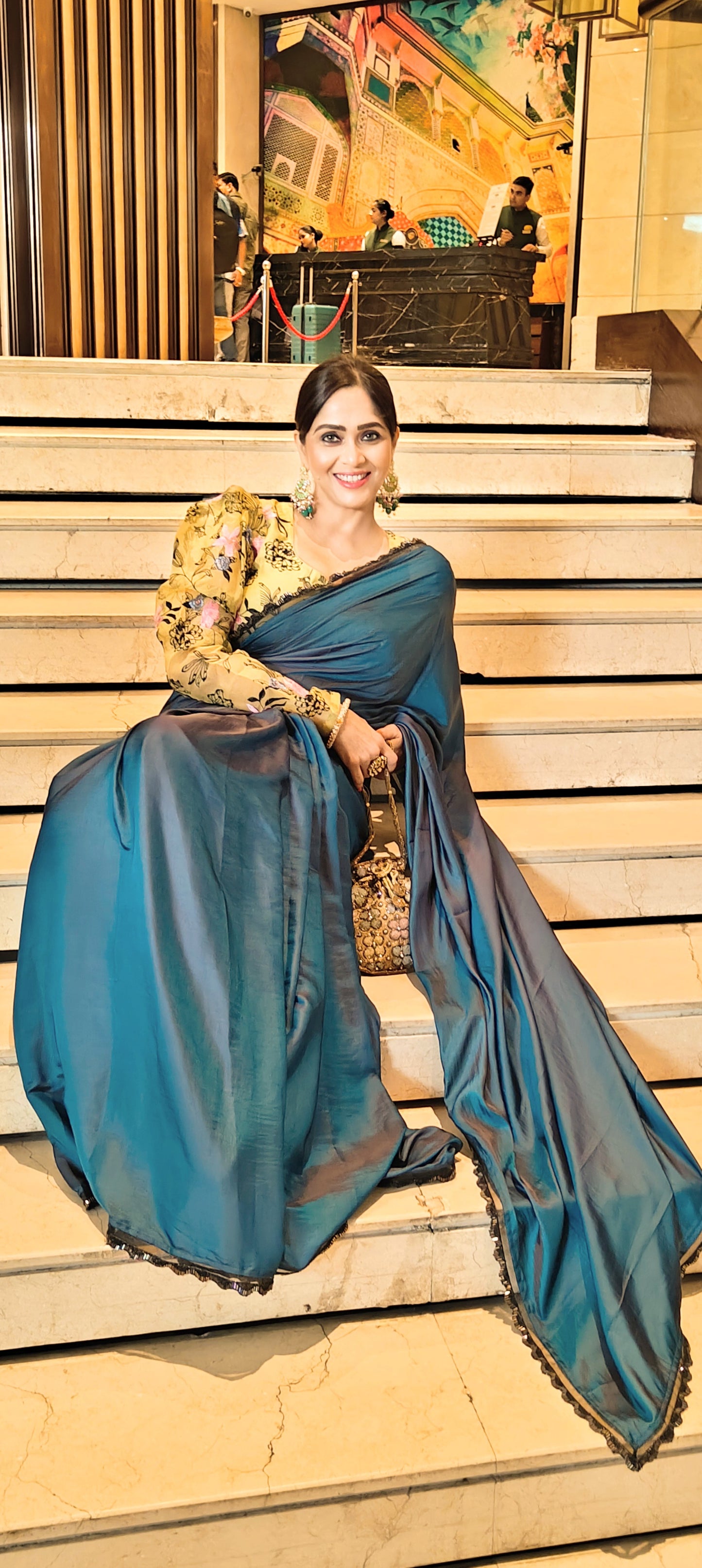 Yale Blue Saree with Olive Green Blouse