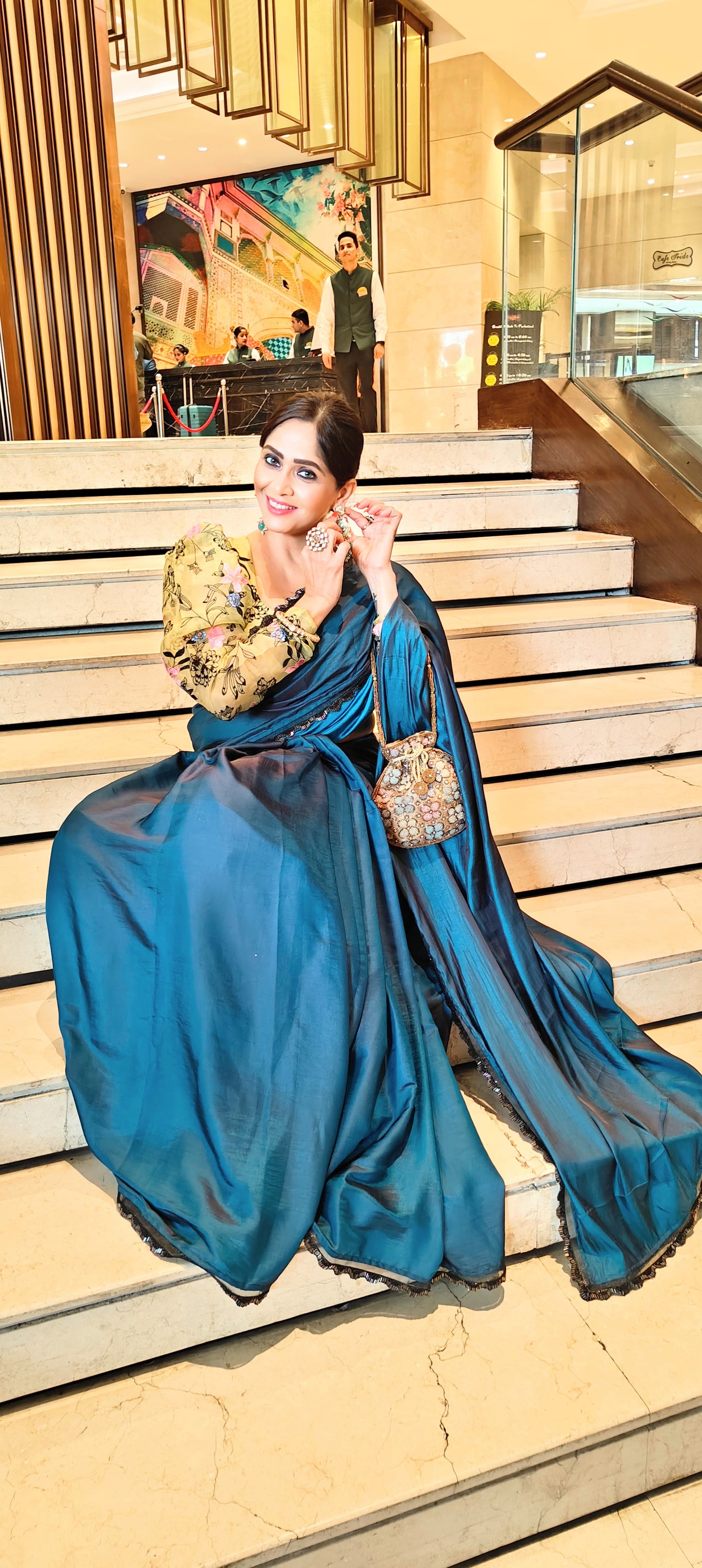 Yale Blue Saree with Olive Green Blouse