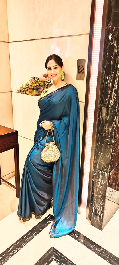 Yale Blue Saree with Olive Green Blouse