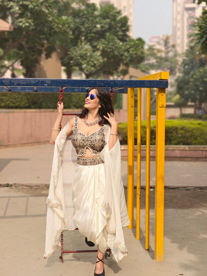 Satin Silk Dhoti Style Skirt &  Designer Blouse with Cape