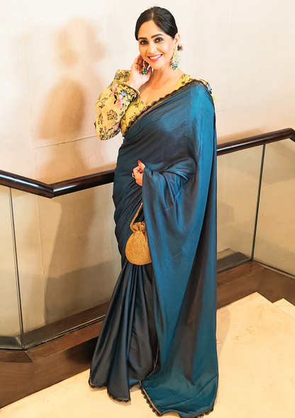 Yale Blue Saree with Olive Green Blouse