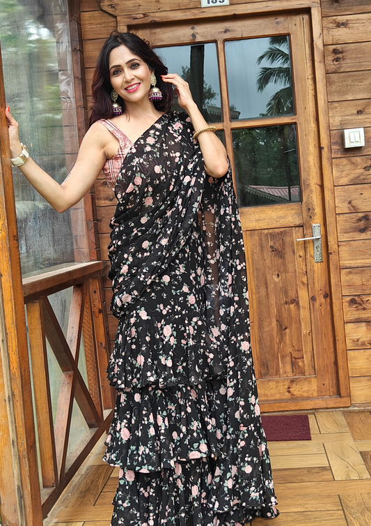 Georgette Black Floral Print Stitched Saree