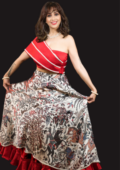 Red Satin Off-Shoulder Top & Printed Skirt