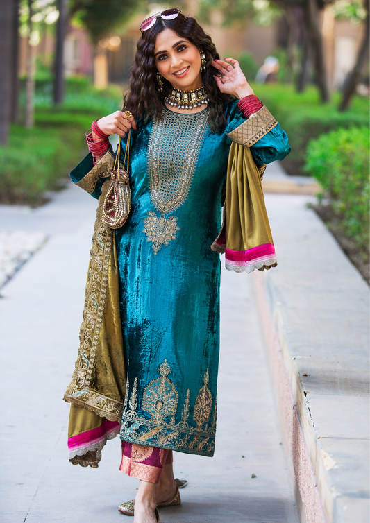 Turquoise Velvet Kameez & Olive Velvet Dupatta