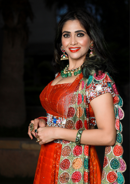 Orange Georgette Leheriya Zari Work Lehenga