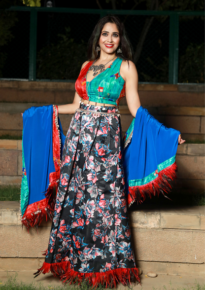 Multicolor Satin Skirt & Choli with Dupatta