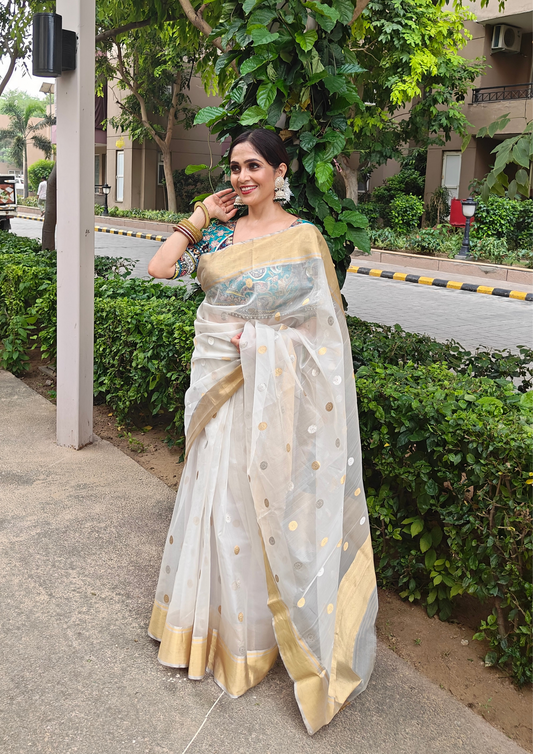 Chanderi Silk White Heat Saree