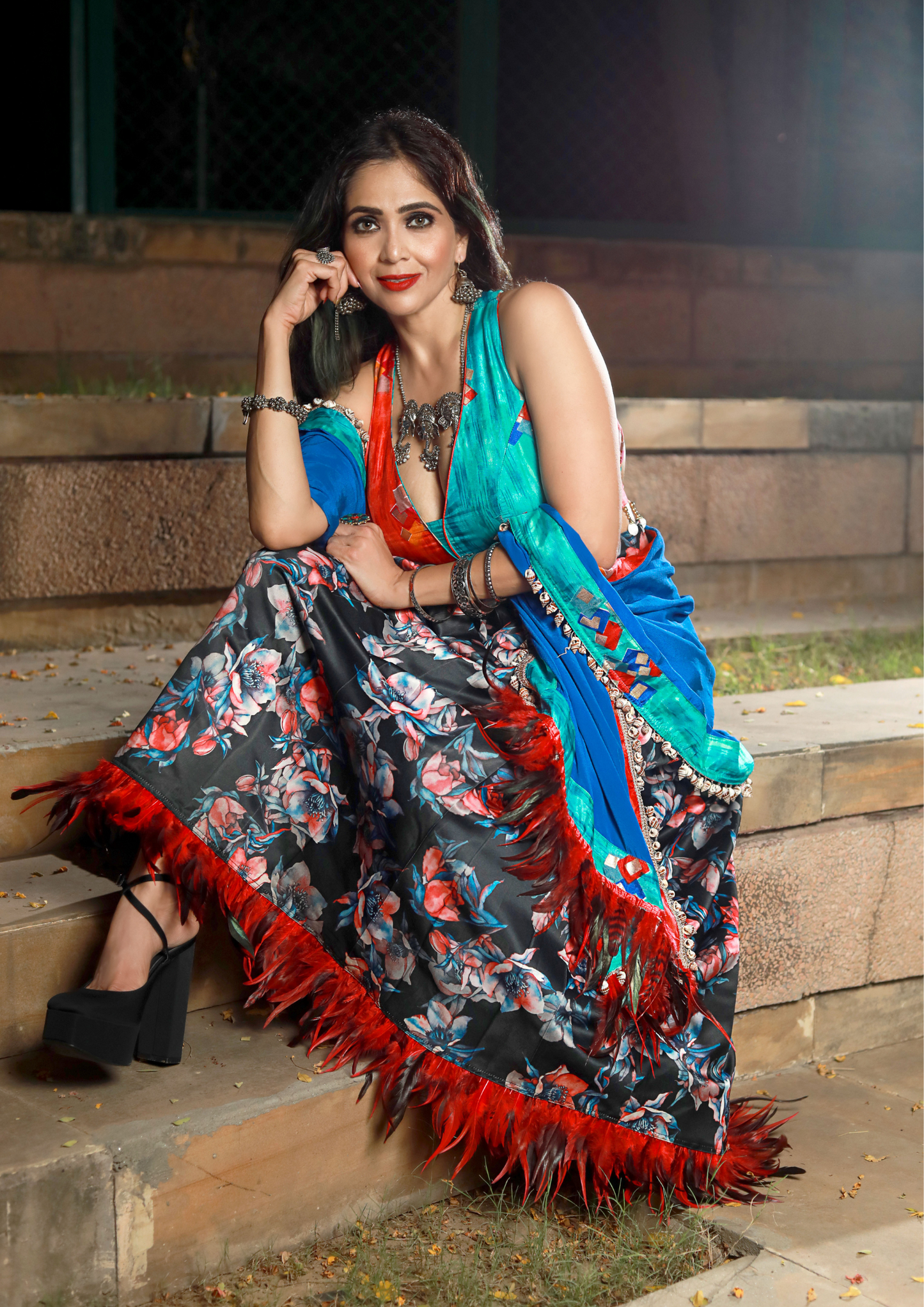 Multicolor Satin Skirt & Choli with Dupatta