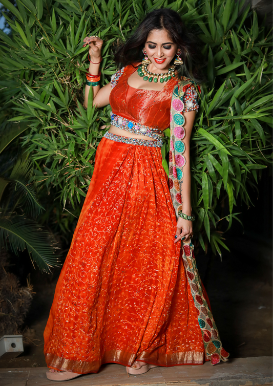 Orange Georgette Leheriya Zari Work Lehenga