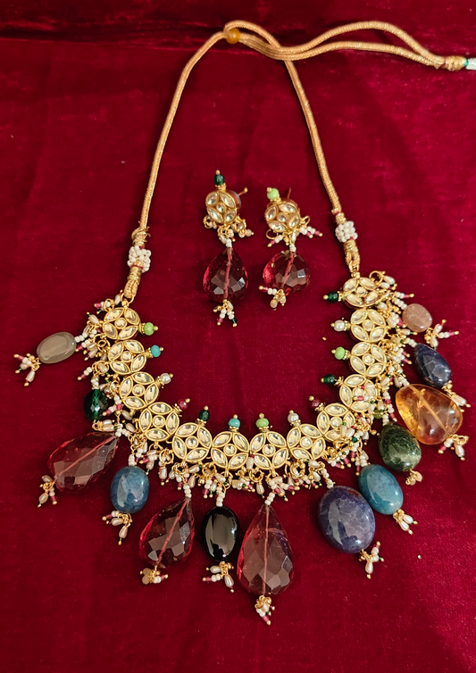 Neckpiece with Earrings in Kundan and Multicolored Stones