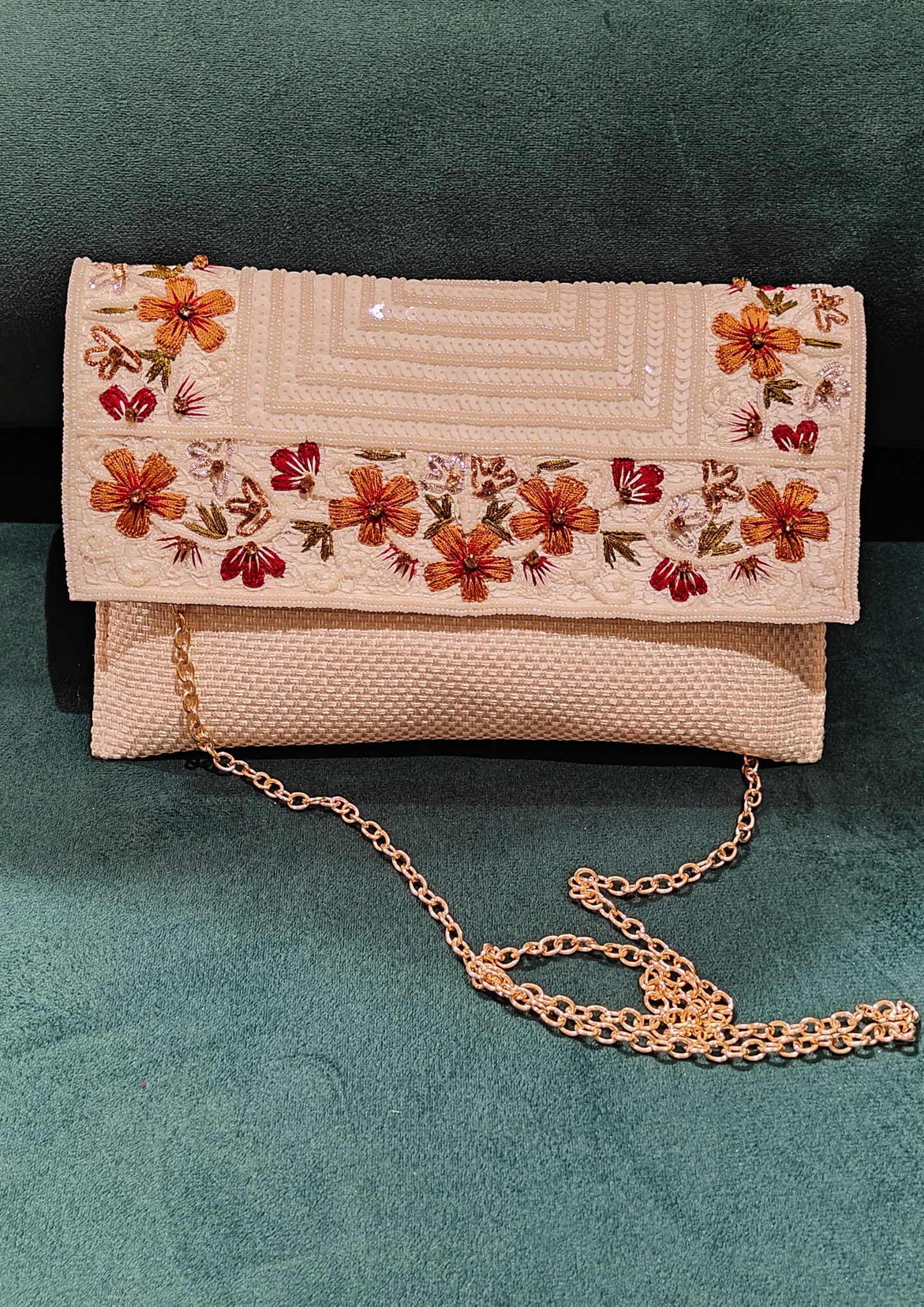 White Jute Clutch with Beads & Sequin Flower Work