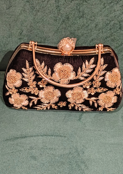 Black Zardosi Zari Work Clutch Bag