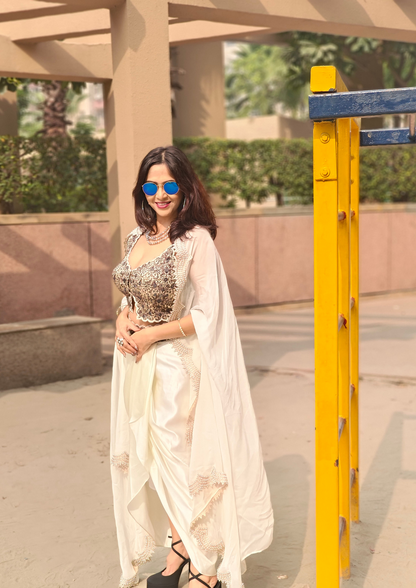 Satin Silk Dhoti Style Skirt &  Designer Blouse with Cape