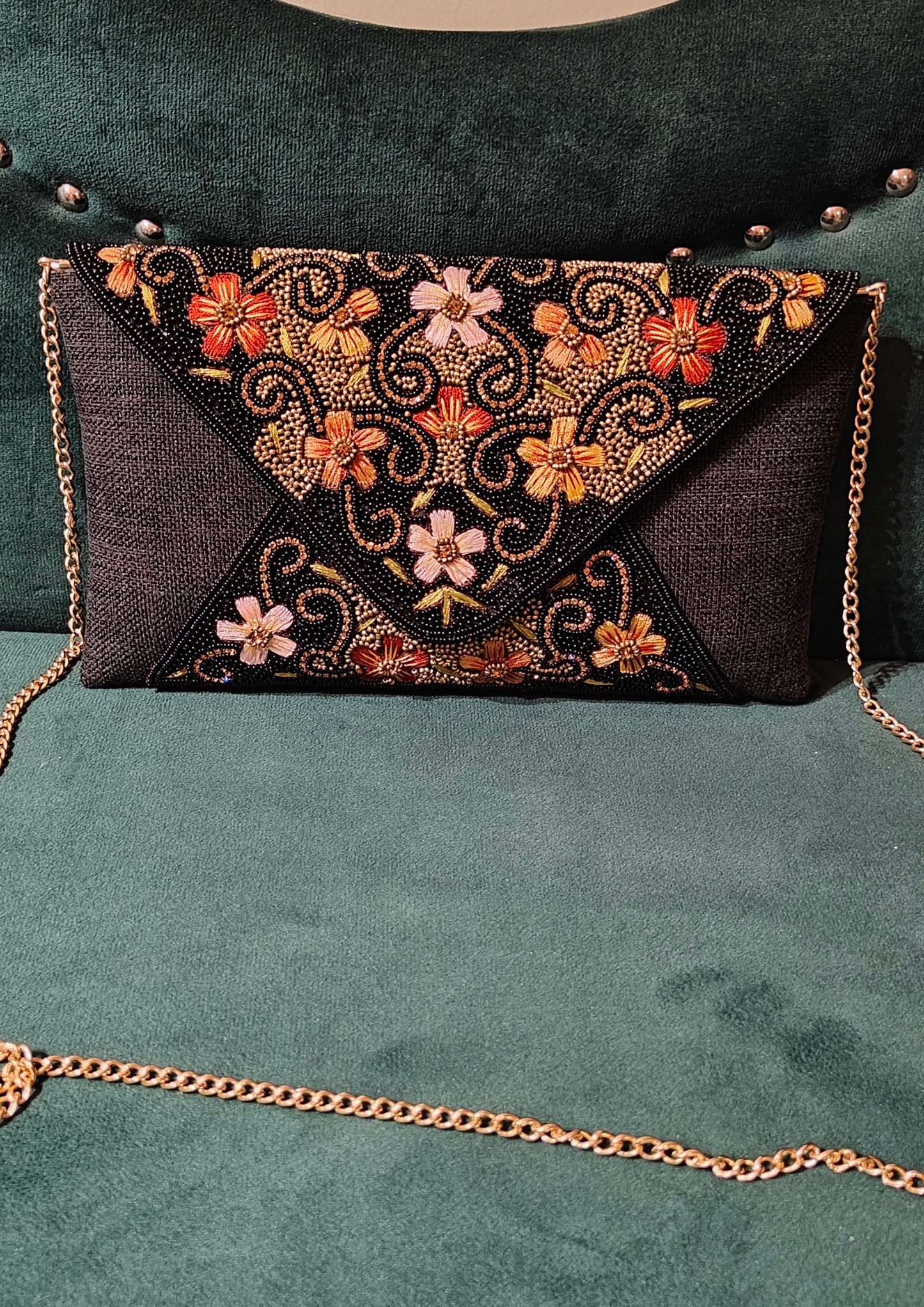 Black Jute Clutch with Multicolored Beads Flowers