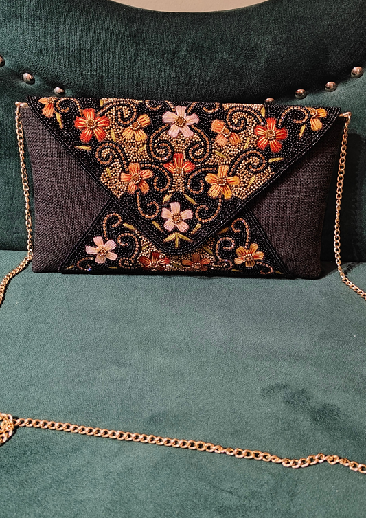 Black Jute Clutch with Multicolored Beads Flowers